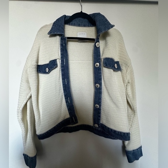 Sandro Paris Nino Cardigan White Knit Denim Blue Trim 100% Cotton Size 2 M - Picture 3 of 6